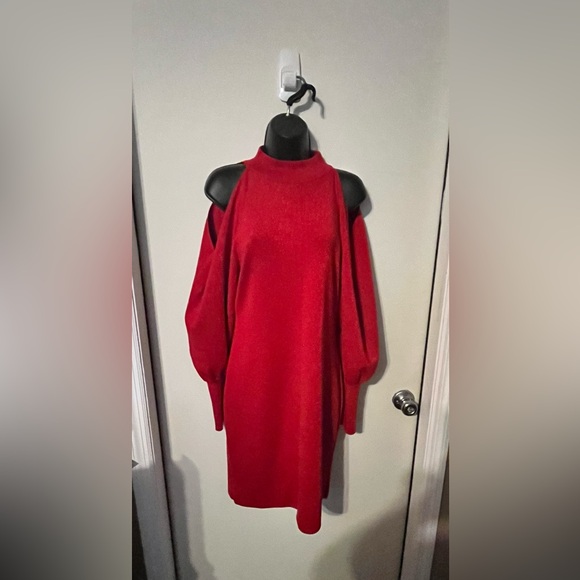I.N.C. International Concepts Red Long Sleeve Cold Shoulder Sparkly Dress Sz L - Picture 2 of 11